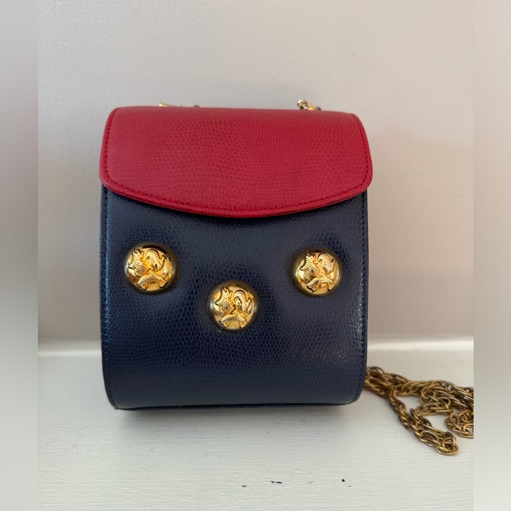 Vintage Navy and Red Crossbody Bag with Gold Medallions